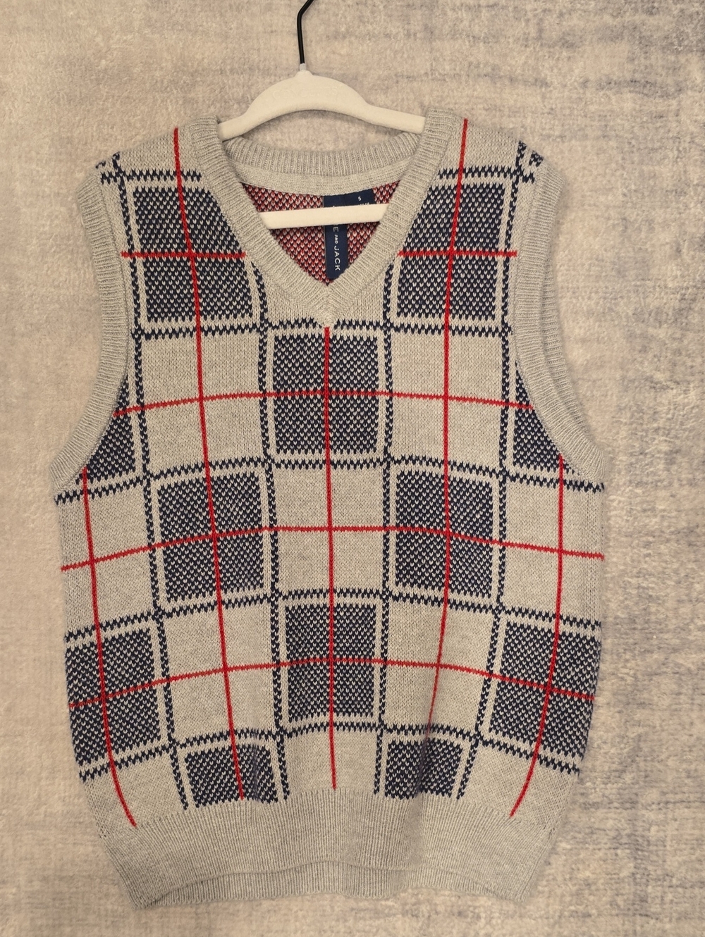 Boys's Grey Check V-Neck Sweater Vest with Red Grid